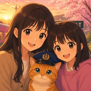 The station regulars and the station cat in a conductor cap